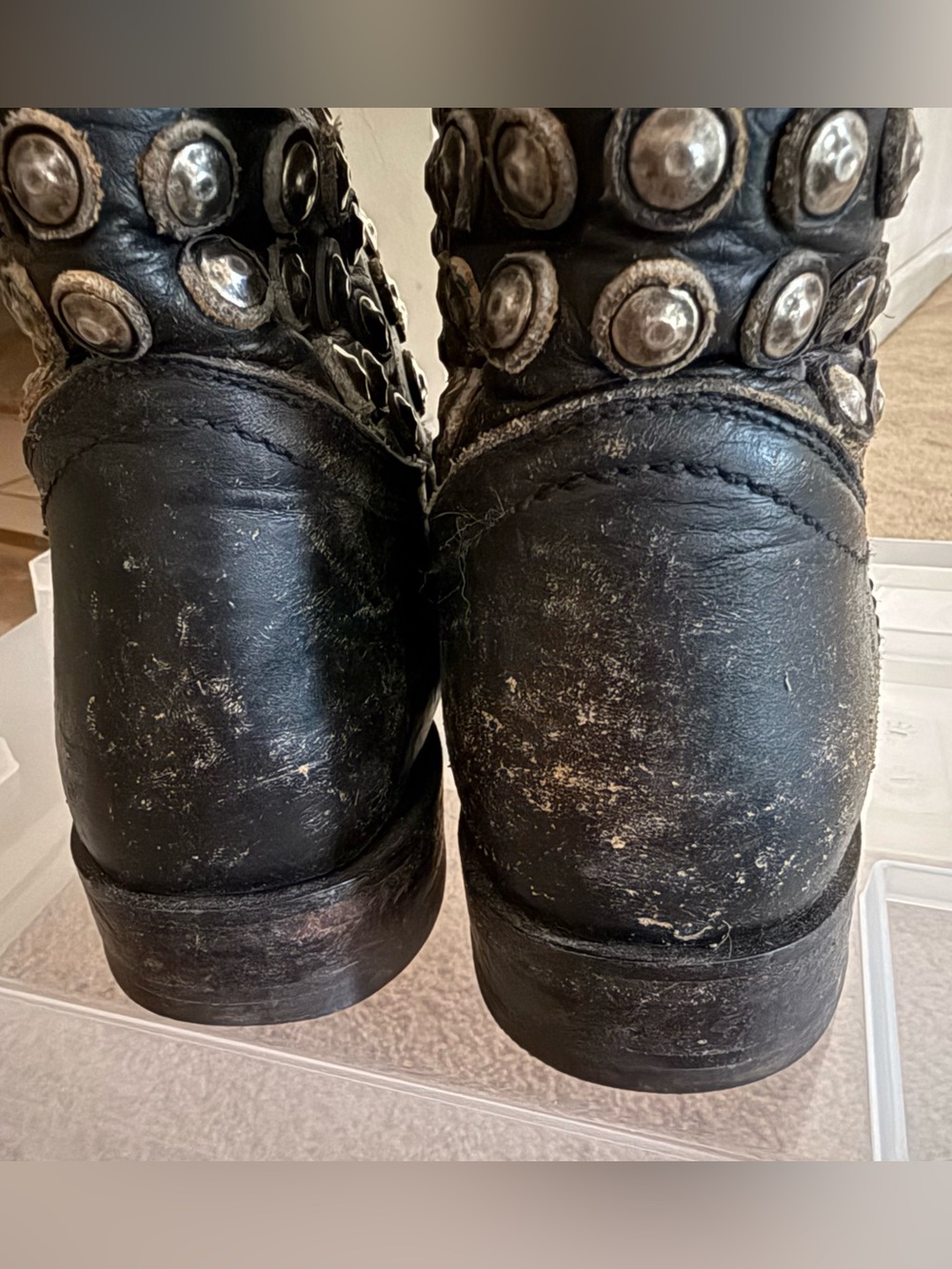Frye Black Studded Distressed Leather Western Booties - Picture 5 of 9